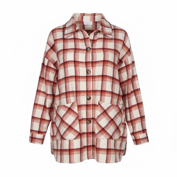 Pink Lily Tops - Cream Burgundy Plaid Shacket Flannel Button Front Long Sleeve Medium Streetwear